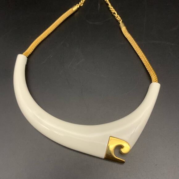 Vintage Pierre Cardin Modernist Necklace White Enamel Gold Tone Asymmetrical